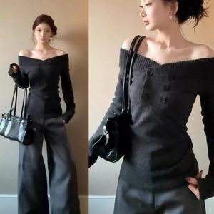 韩系巨好看一字肩灰色毛衣女秋冬2025新款辣妹气质针织衫内搭上衣