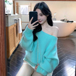 慵懒风斜肩宽松兔毛毛衣女2025冬季薄荷绿针织衫高级感纯欲风上衣