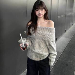灰色露肩韩系套头毛衣女秋慵懒风宽松休闲显瘦气质小个子长袖上衣