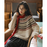 2025冬季新款韩版复古慵懒费尔岛提花圆领软糯保暖套头长袖毛衣女