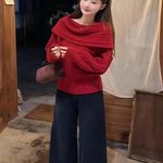 轻熟风一字肩绞花毛衣2025法式千金风气质氛围感露肩针织衫上衣女