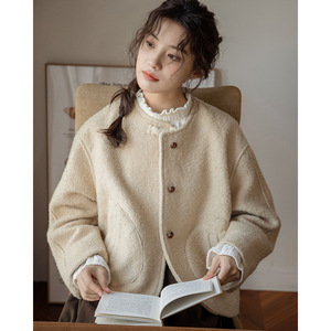 2025秋冬新款小香风高级感加厚保暖气质圆领小个子短款毛呢外套女
