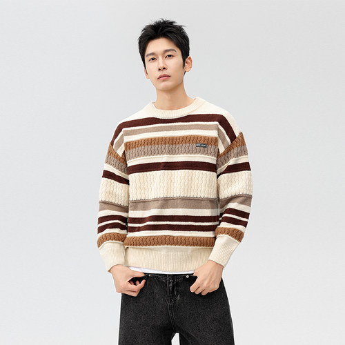 DESSO圆领套头条纹慵懒帅气针织衫