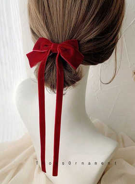 在逃公主发饰酒红色丝绒蝴蝶结对夹飘带发卡秋冬甜美马尾日韩发夹