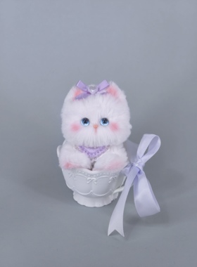 【茶杯白猫】原创设计粉紫色猫猫汽车摆件成品小猫玩具礼物带杯子