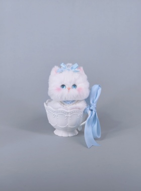 【茶杯白猫】原创设计蓝色猫猫汽车摆件成品小猫玩具礼物带杯子