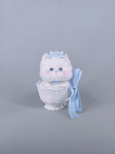 【茶杯白猫】原创设计蓝色猫猫汽车摆件成品小猫玩具礼物带杯子