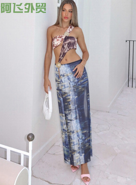 Sexy sleeveless fringe slim fit dress时尚性感网纱斜肩露脐高