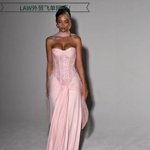 deep neck party 连衣裙舞 Sexy dress粉色抹胸晚礼服长款 satin
