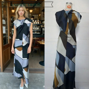 satin party deep neck dress优雅丝缎质感几何图案连衣裙 Sexy