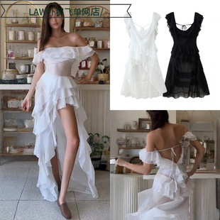 deep neck party 一字肩不规则设 Sexy dress浪漫清新法式 satin