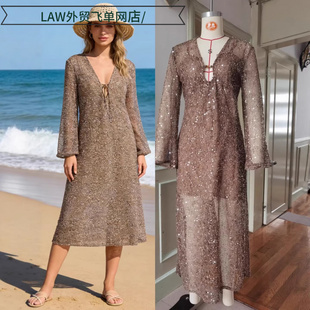 neck party Sexy 性感领亮片长袖 deep dress时尚 迷迪连衣 satin