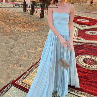 slim dress无袖 fit lace 拼接连衣长裙优雅抹胸 sleeveless Sexy