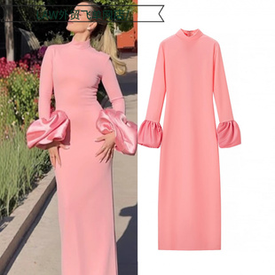 neck 长款 satin 修身 deep dress性感一字领花苞长袖 Sexy party