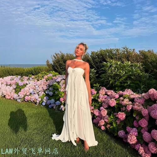 Printed sexy beach slim fit dress度假风法式浪漫花边抹胸挂脖