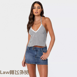 sexy sleeved women long shirt辣妹绑带性感系带露背格子 Lace