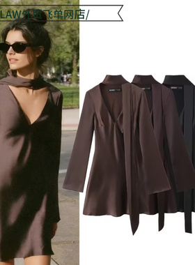 Sexy satin deep V-neck party dress时尚丝缎质感围巾连衣裙