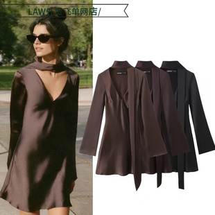 deep neck party 丝缎质感围巾连衣裙 Sexy dress时尚 satin
