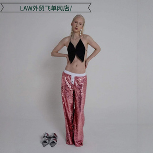ball camisole 装 时尚 dress纯欲辣妹长裤 top deep sequin Sexy