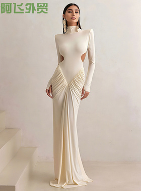 Sexy sleeveless fringe slim fit dress高领修身性感露背纯色长