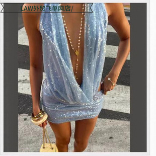 deep camisole top dress蓝色露背深领上衣包 Sexy ball sequin