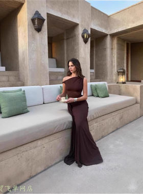 Sexy slim fit printed mesh sleeveless dress斜领露肩扭结收腰