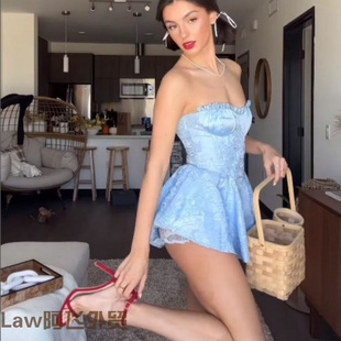 strapless Flattering print floral dress多巴胺蕾丝提 sexy