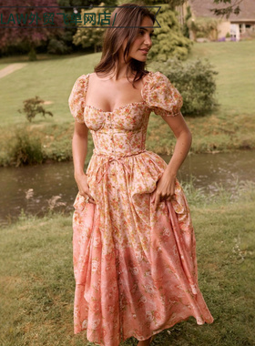 Sexy satin deep V-neck party dress性感时尚泡泡袖法式方领碎花