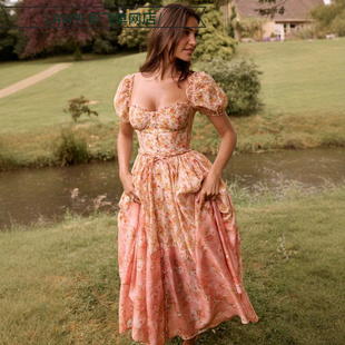 neck 法式 satin 方领碎花 泡泡袖 deep dress性感时尚 Sexy party