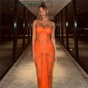 sleeveless fit lace dress时尚 Sexy 性感裹胸蕾丝透视修身 slim