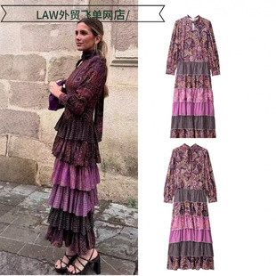 deep neck party 多层蛋 Sexy dress拼接印花套头立领长袖 satin