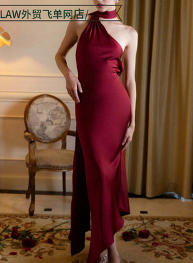 Sexy satin deep V-neck party dress高级感法式敬酒服性感露背缎