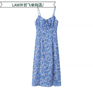 neck 修身 satin 印花吊带连 复古无袖 deep dress法式 Sexy party