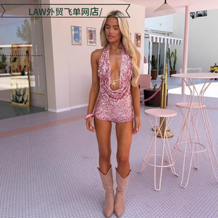 deep top Sexy dress挂脖上衣修身 camisole ball 显瘦海 sequin