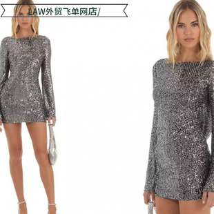 deep top Sexy dress方领长袖 camisole ball 收腰礼服透 sequin