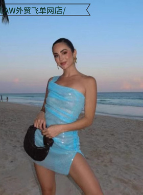 Sexy sequin camisole deep V-top ball dress蓝色斜肩吊带连衣裙