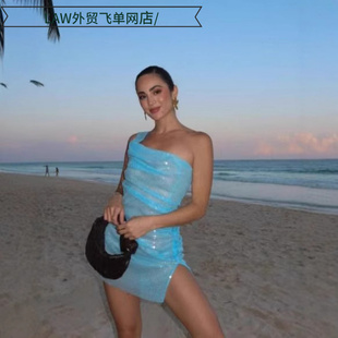 deep camisole top dress蓝色斜肩吊带连衣裙 Sexy ball sequin