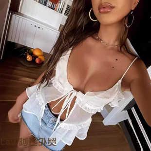 women long sleeved 半透明层叠荷叶边系带 Lace shirt时尚 sexy