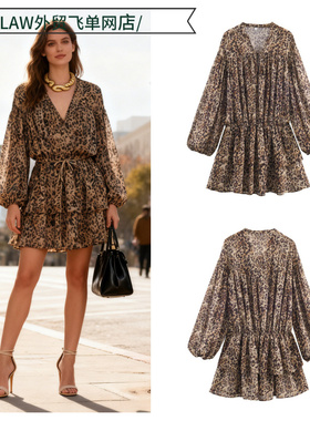 Sexy satin deep V-neck party dress长袖动物纹印花叠层装饰连衣