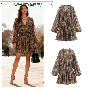 neck party Sexy 动物纹印花叠层装 deep dress长袖 饰连衣 satin