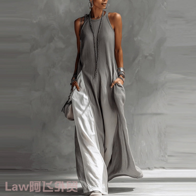 Sexy camisole V-neck slim fit dress松口袋撞色休闲露肩连衣裙