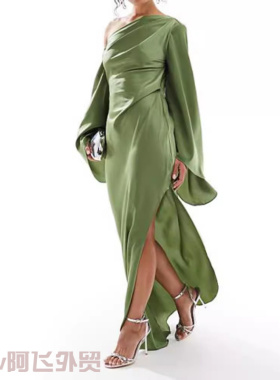 Sexy V-neck strap slim satin dress立站纯色露肩修身开叉连衣裙