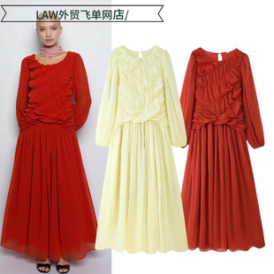 deep neck party 褶皱连 Sexy dress圆领网纱拼接拉网长袖 satin