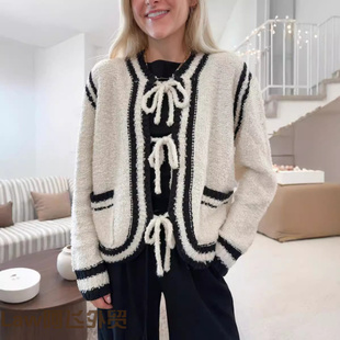 women long sleeved 系带插袋小香风毛 Lace shirt针织开衫 sexy