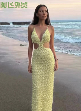 Sexy slim nightclub top, hip hugging dress黄色长裙吊带领包臀