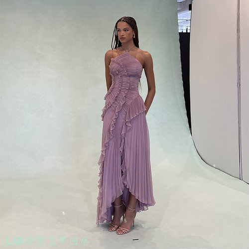 Tight fitting slimming satin sexy printed dress荷叶边挂脖紫