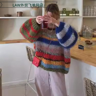 Casual 休闲风长袖 Thermal Coat撞色条纹宽松针织衫 Cotton Sexy