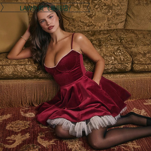 satin party deep neck dress辣妹圣诞港风复古显白辣妹穿 Sexy