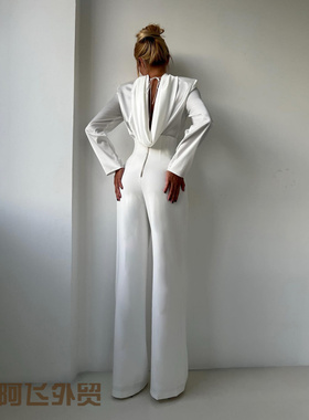 Lace-cut sexy satin print dress气质白色立领系带上衣高腰阔腿