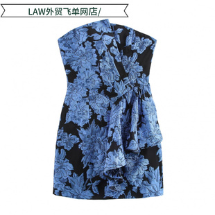 deep neck party 复古名媛风印花大花朵褶 Sexy dress法式 satin